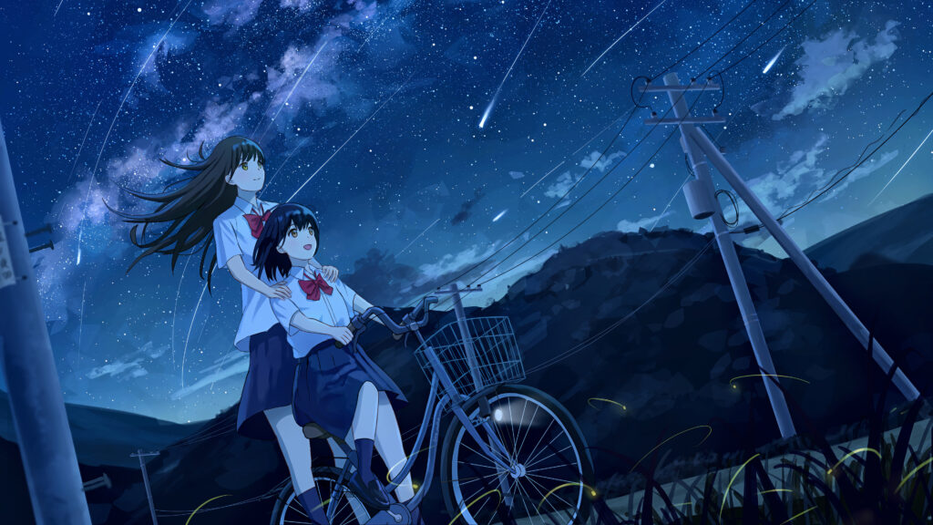 anime-girls-riding-bike-night-sky-comet-stars-scenery-4k--40